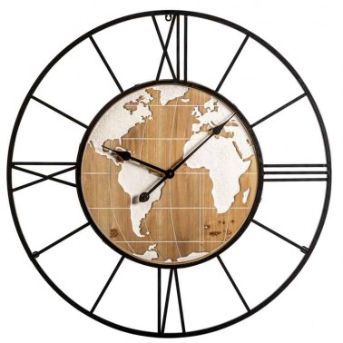 Reloj de pared mapamundi madera y hierro  Relojes Decorativos