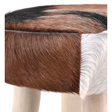 Taburete redondo madera de teca y piel de cabra  Puf y taburetes