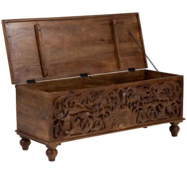 Arcón de madera, en color marrón, con tapa, ideal para pie de cama.