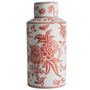 Tibor de cerámica, estilo oriental, decorado en blanco y rojo.