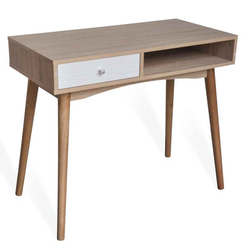 Mesa escritorio de estilo nórdico, con cajón lacado en blanco.