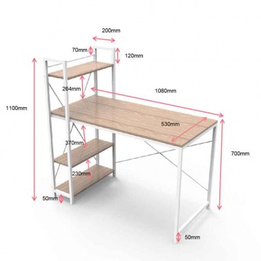Mesa escritorio estilo nordico con estantes, medidas.