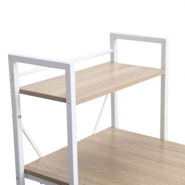 Mesa escritorio con estantes, estructura de metal y baldas de melamina.