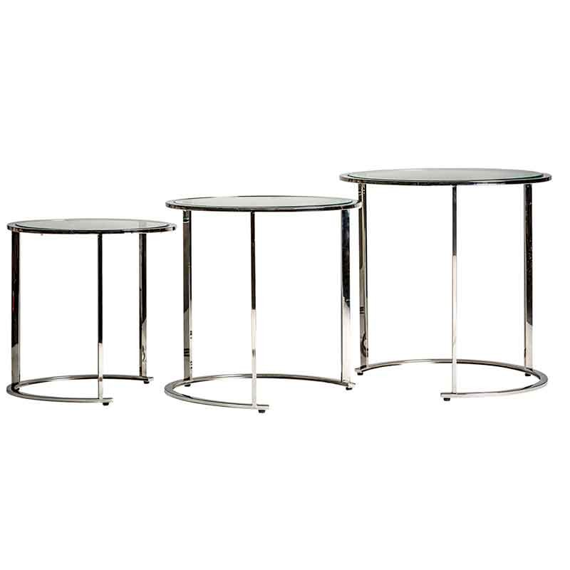 Conjunto de tres mesas auxiliares apilables, de acero y cristal templado