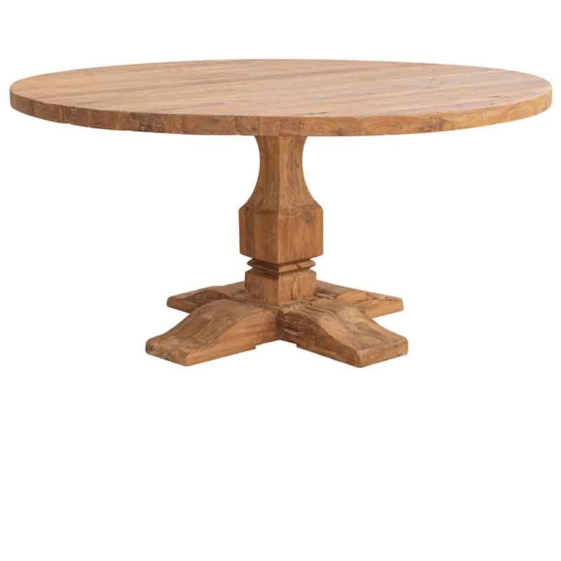 Mesa redonda de madera de teca reciclada, fabricada a mano.