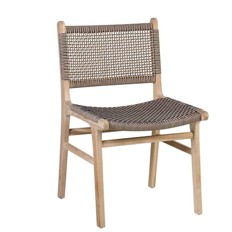 Silla comedor  fabricada en madera de teca, con asiento y respaldo de cuerda trenzada