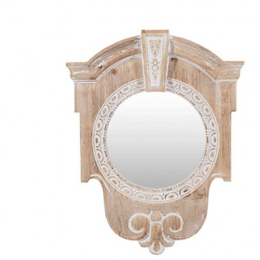 Espejo de pared con marco de madera tallada, estilo rústico.