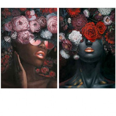Set de 2 cuadros de estilo moderno, con el rostro de mujer con flores en el pelo.