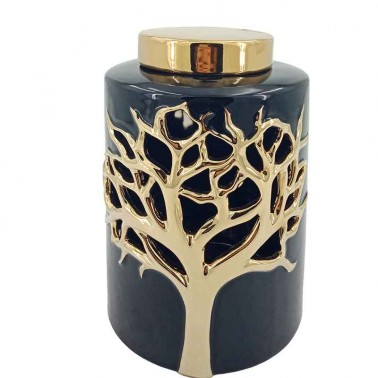 Tibor de cerámica en color negro y dorado árbol de la vida. Ideas para regalar.