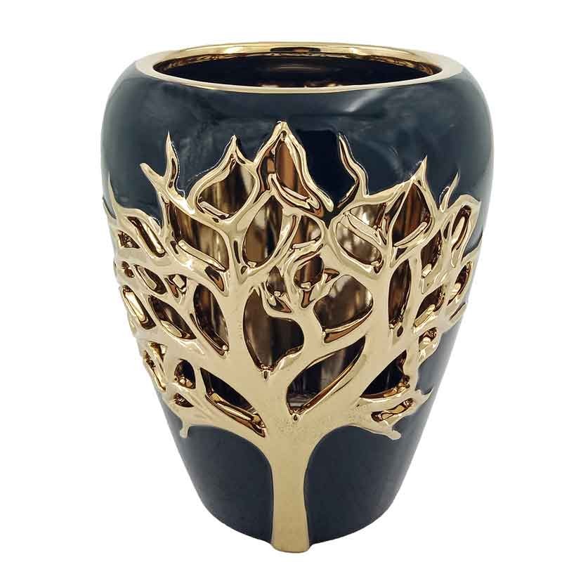 Jarrón de cerámica en dorado y negro con árbol de la vida troquelado