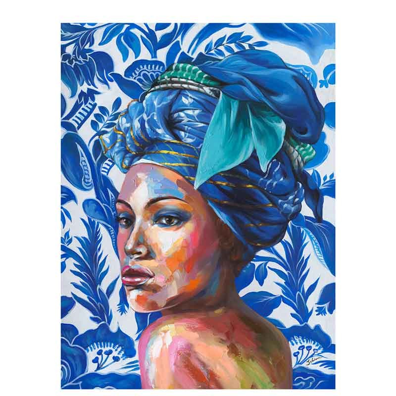 Cuadro al óleo estilo étnico mujer con turbante tonos azules