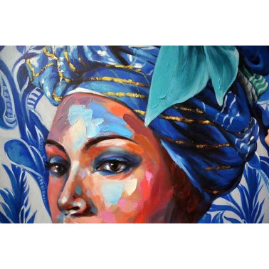 Cuadro pintado al óleo tonos azules de estilo étnico