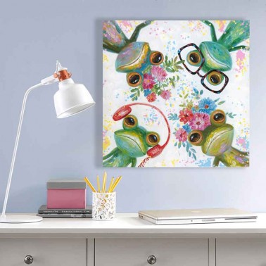 Cuadro muy colorido con diseño de ranas divertidas, pintado al óleo.