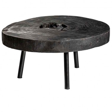 Mesa de centro redonda negra madera de suar, hecha a mano.