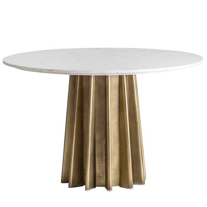 Mesa comedor redonda hecha de acero con sobre de mármol, moderna y elegante.