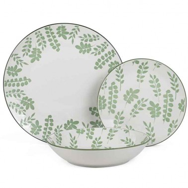 Vajilla de 18 piezas de porcelana, en color blanco con bonita decoración de hojas en color verde.
