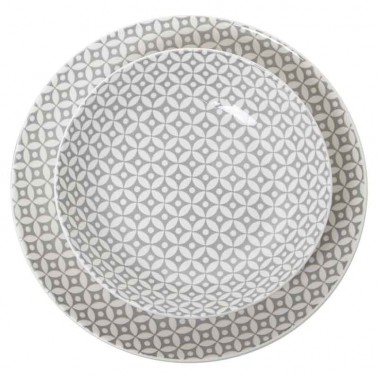 Vajilla de porcelana en color gris, con estampado de diseño geométrico, de 18 piezas.