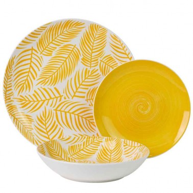 Vajilla porcelana 18 piezas color amarillo y blanco, Apta para microondas y lavavajillas.