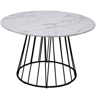 Mesa comedor redonda, con sobre de madera imitación mármol.