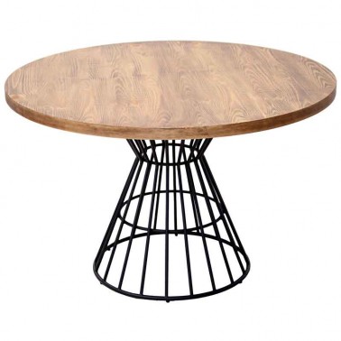 Mesa comedor redonda, madera y metal.